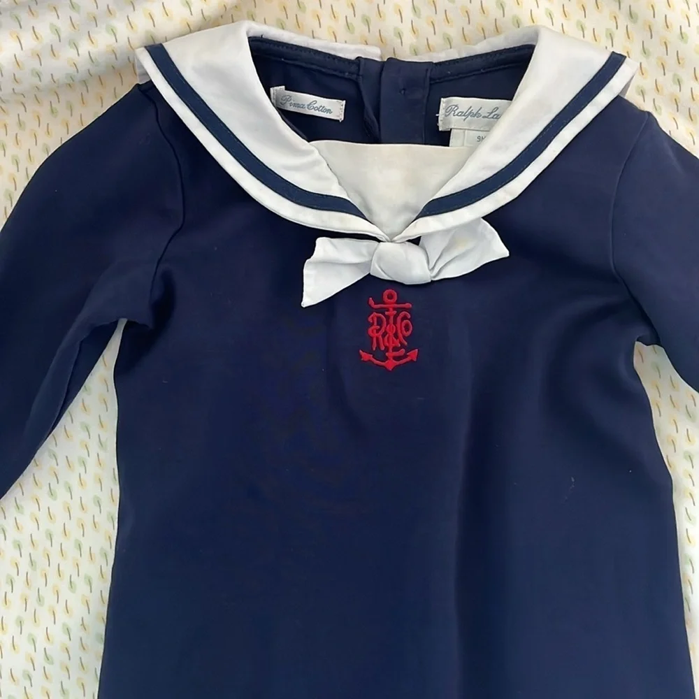 Vintage Ralph Lauren One Piece Nautical Onesie Bow Tie Embroidered RL Logo 9 mos